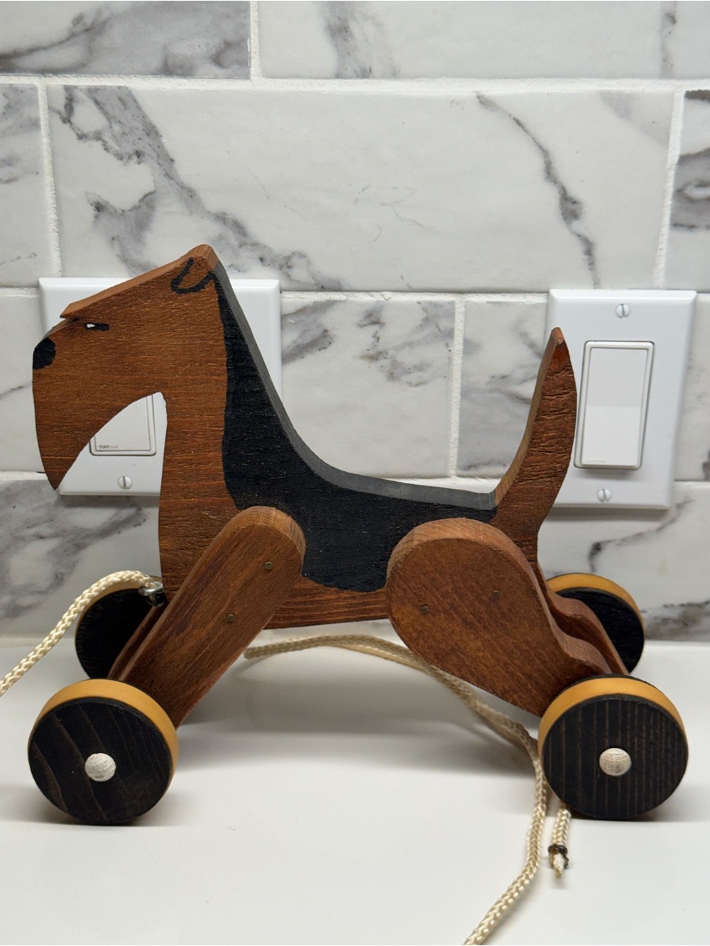Vintage Handcrafted Wooden Dog Pull Toy Folk Art Airedale Terrier On Wheels